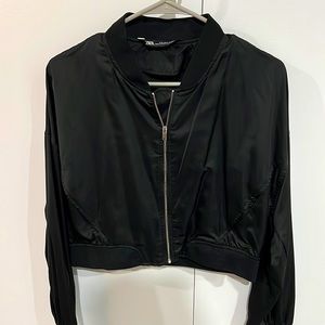 Cute/edgy and silky black cropped bomber jacket from zara, size small, like new